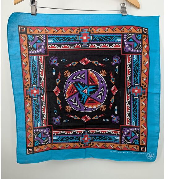 Vintage 1993 Wamcraft Southwest Bandana 22x21.5 Aztec Geometric Turquoise USA - Picture 1 of 4